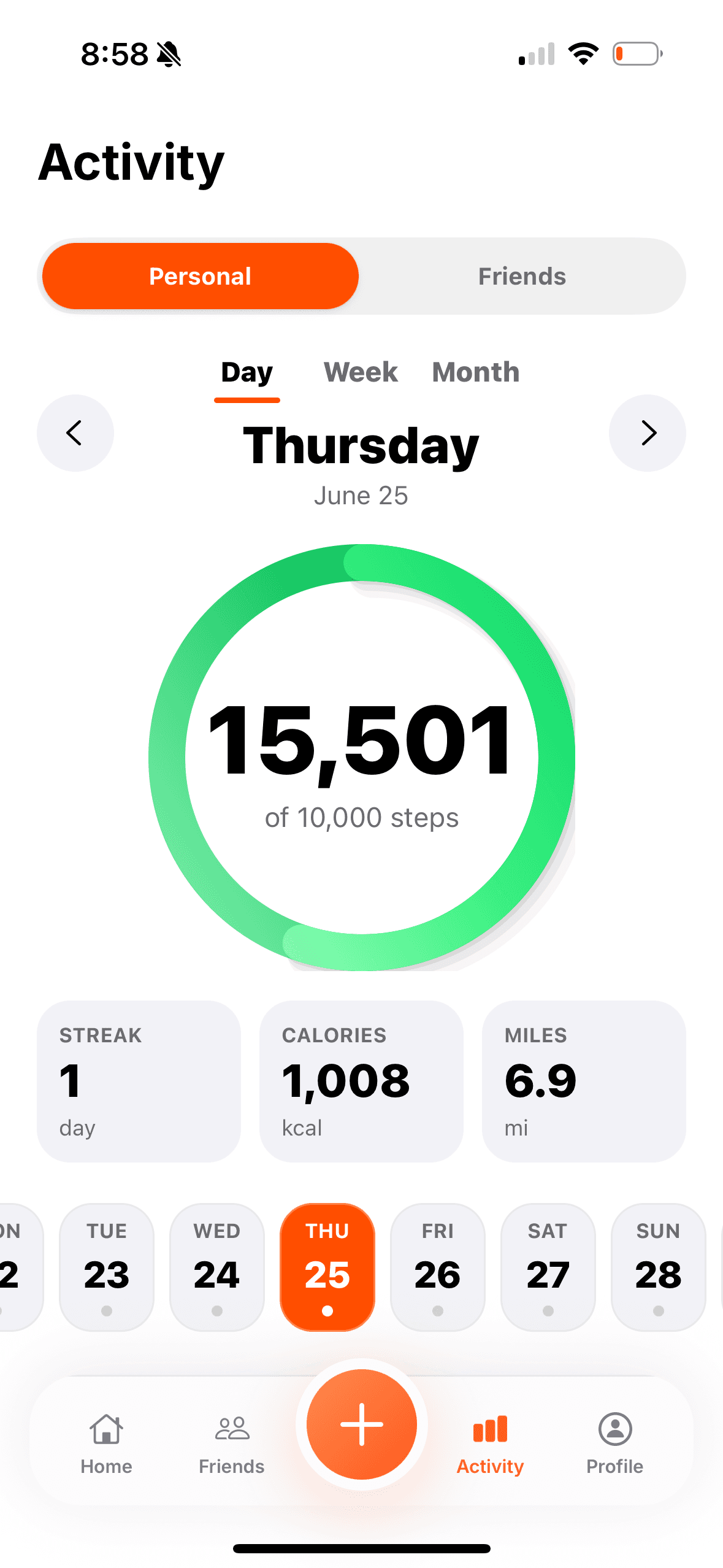 FitHive personal activity screen with a daily step ring and streak stats