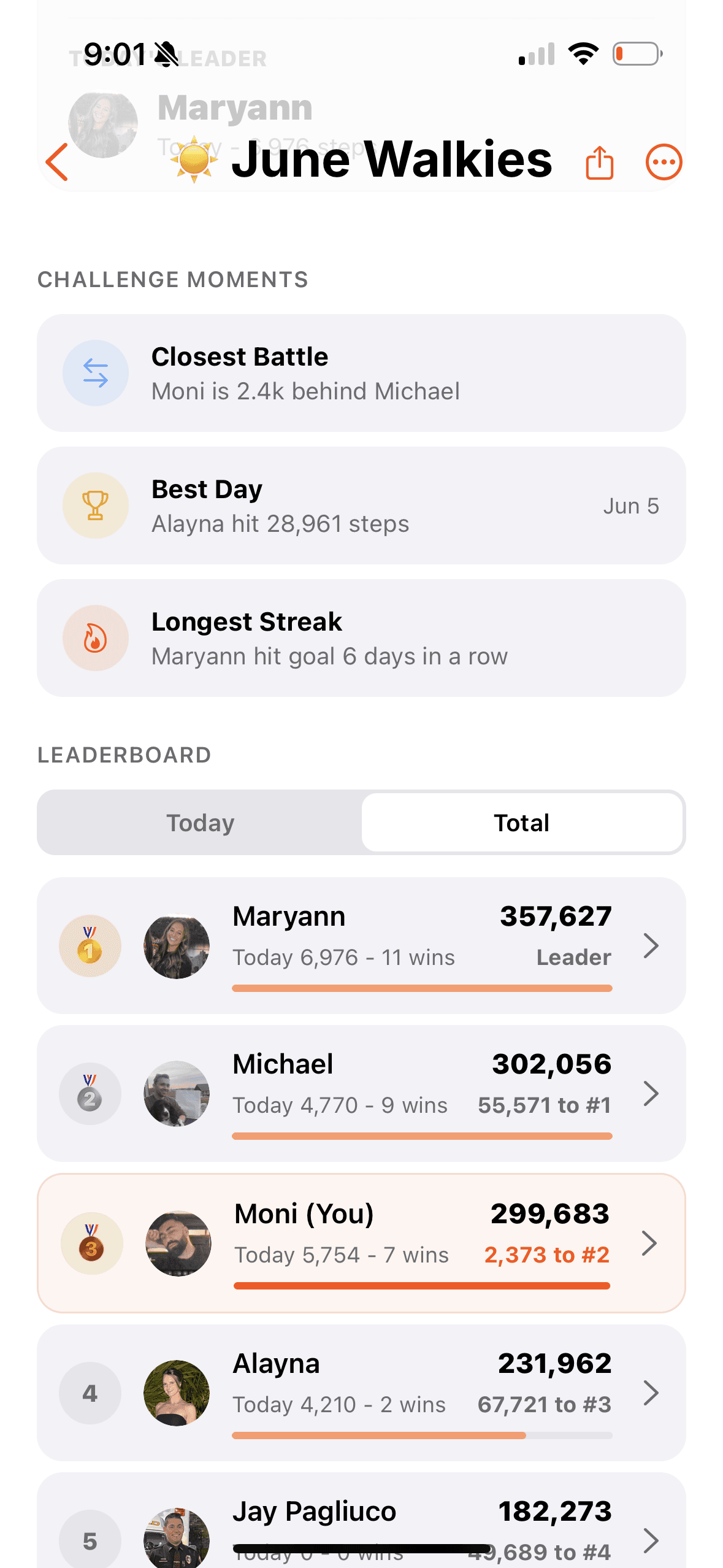 FitHive challenge leaderboard screen showing challenge moments and ranked members