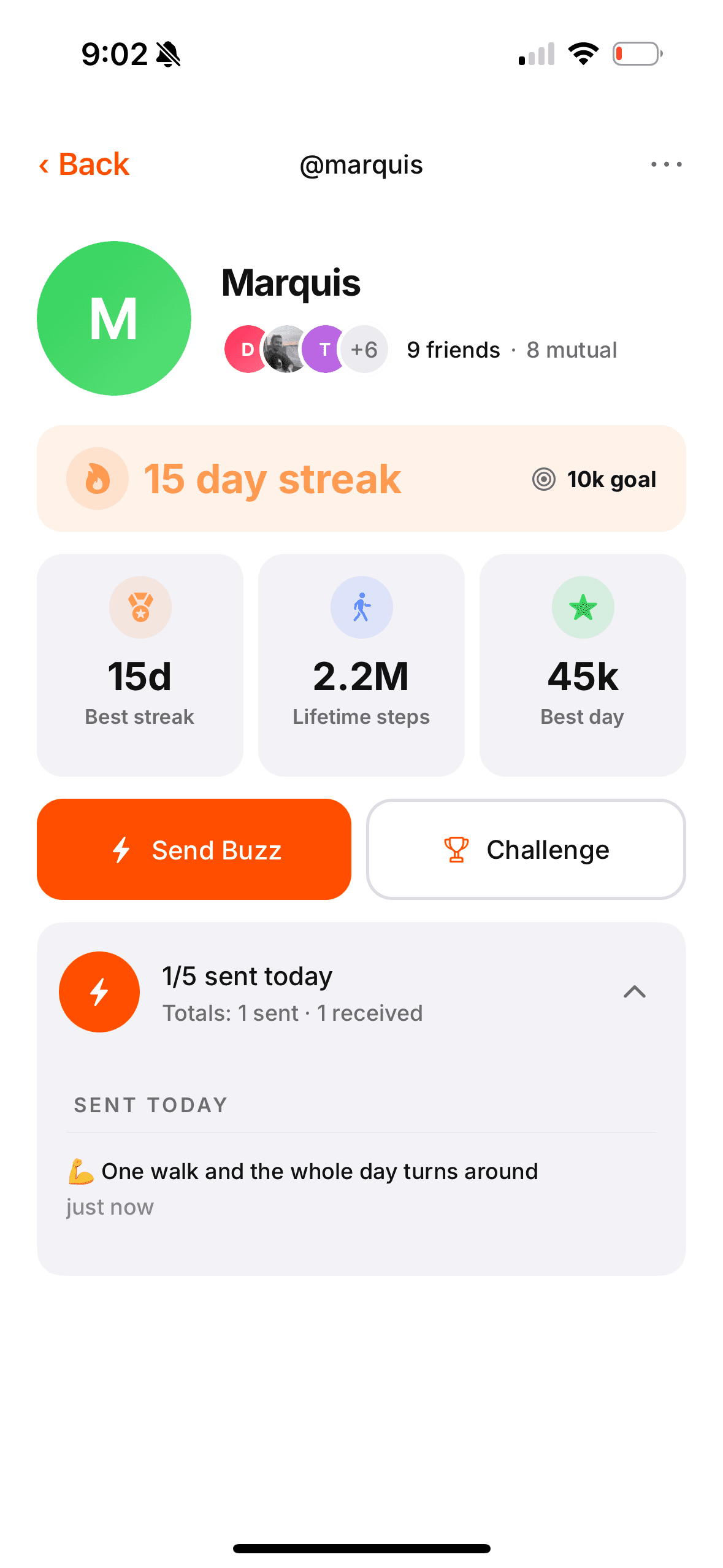 FitHive profile screen showing streak stats and Send Buzz action