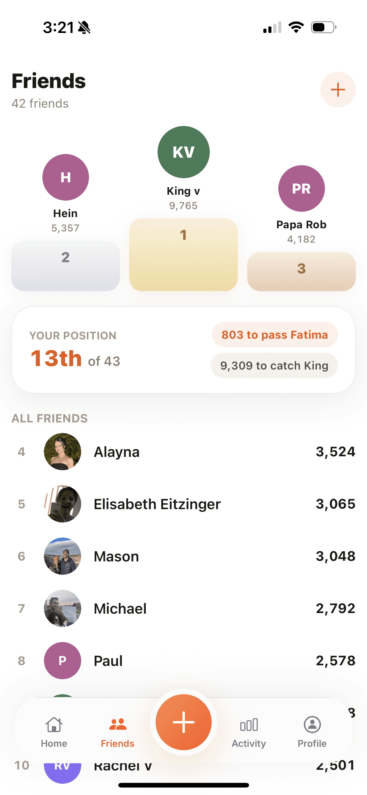 FitHive friends screen showing friend rankings and step totals